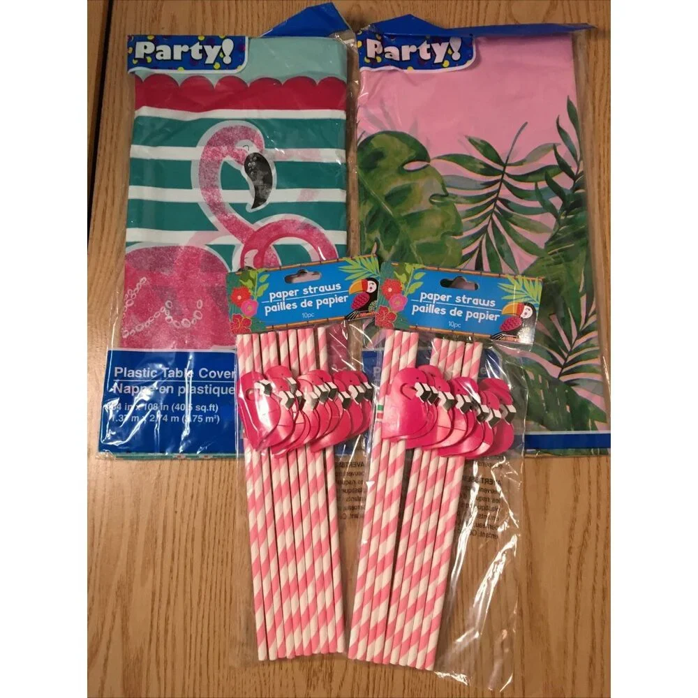 New Bundle Of 22pc Tropical Flamingo Party Birthday Paper Straws & Table Cover